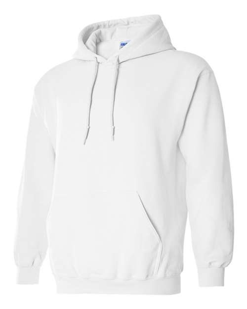 Gildan 18500 Heavy Blend pullover hoodie in White, angled front view.