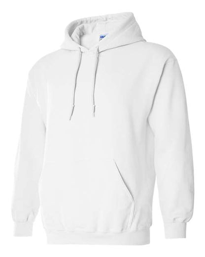 Gildan 18500 Heavy Blend pullover hoodie in White, angled front view.