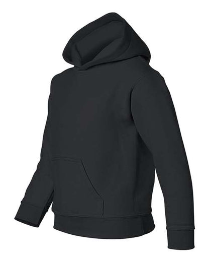 Gildan 18500B Heavy Blend youth pullover hoodie in Black, angled front view showing the hood and front pocket.