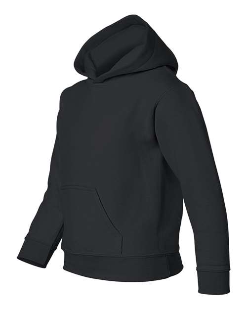 Gildan 18500B Heavy Blend youth pullover hoodie in Black, angled front view showing the hood and front pocket.