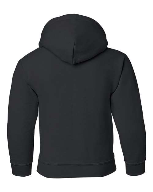 Gildan 18500B Heavy Blend youth pullover hoodie in Black, back view showing the hood, long sleeves and ribbed hem.
