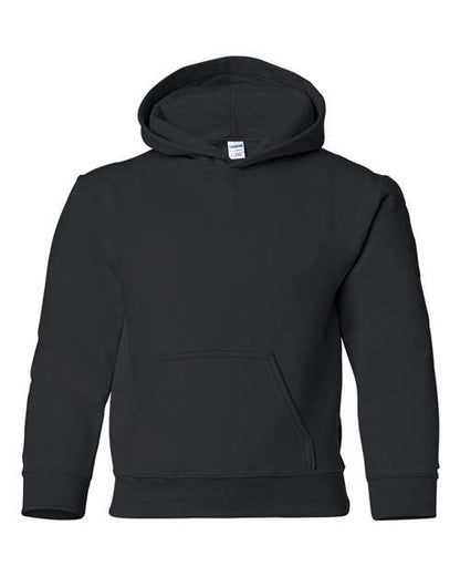 Gildan 18500B Heavy Blend youth pullover hoodie in Black, front view showing the hood and front pocket.