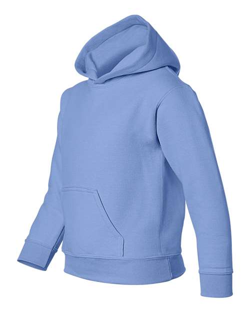 Gildan 18500B Heavy Blend youth pullover hoodie in Carolina Blue, angled front view showing the hood and front pocket.