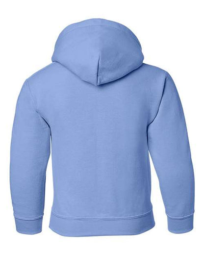 Gildan 18500B Heavy Blend youth pullover hoodie in Carolina Blue, back view showing the hood, long sleeves and ribbed hem.