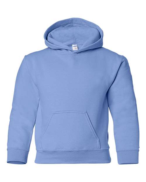 Gildan 18500B Heavy Blend youth pullover hoodie in Carolina Blue, front view showing the hood and front pocket.