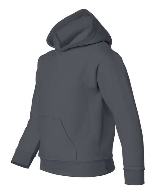 Gildan 18500B Heavy Blend youth pullover hoodie in Charcoal, angled front view showing the hood and front pocket.