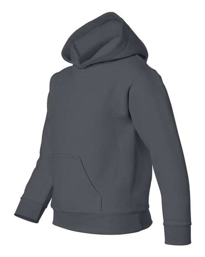 Gildan 18500B Heavy Blend youth pullover hoodie in Charcoal, angled front view showing the hood and front pocket.