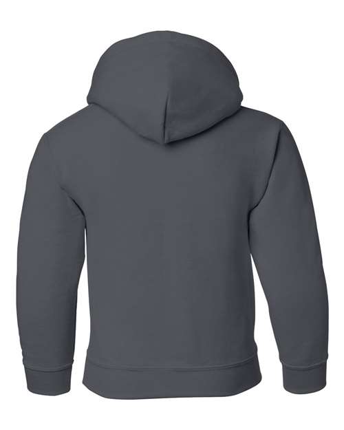Gildan 18500B Heavy Blend youth pullover hoodie in Charcoal, back view showing the hood, long sleeves and ribbed hem.