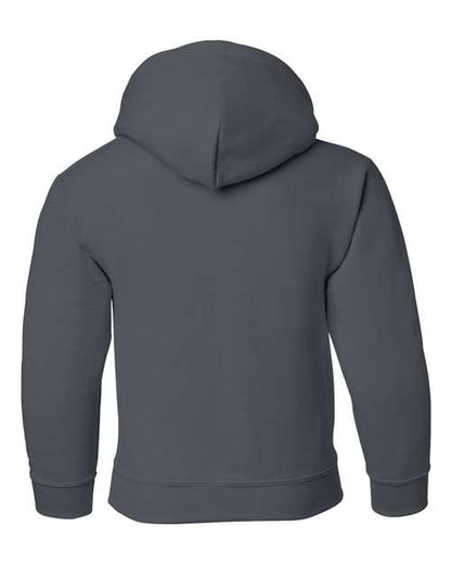 Gildan 18500B Heavy Blend youth pullover hoodie in Charcoal, back view showing the hood, long sleeves and ribbed hem.