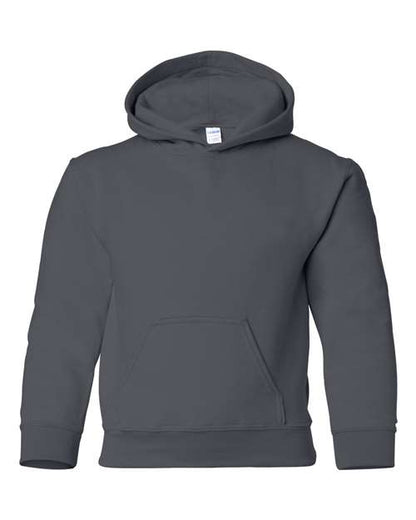 Gildan 18500B Heavy Blend youth pullover hoodie in Charcoal, front view showing the hood and front pocket.