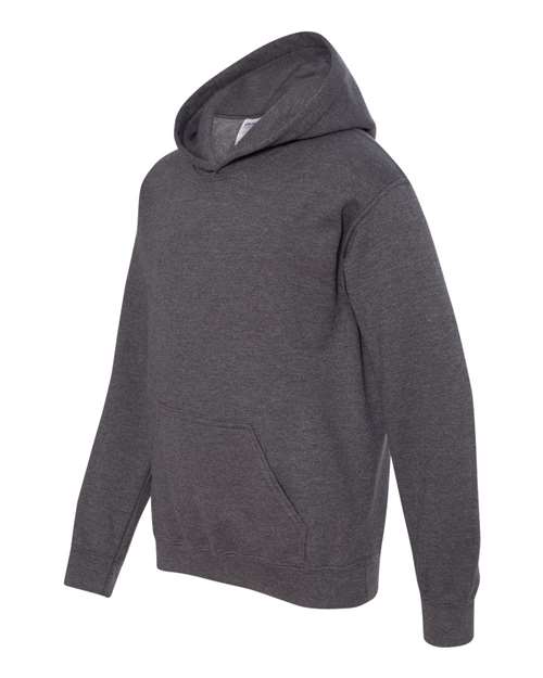 Gildan 18500B Heavy Blend youth pullover hoodie in Dark Heather, angled front view showing the hood and front pocket.