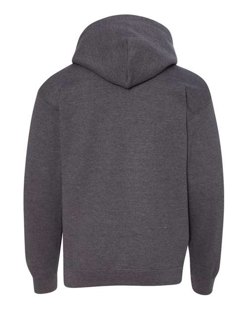 Gildan 18500B Heavy Blend youth pullover hoodie in Dark Heather, back view showing the hood, long sleeves and ribbed hem.