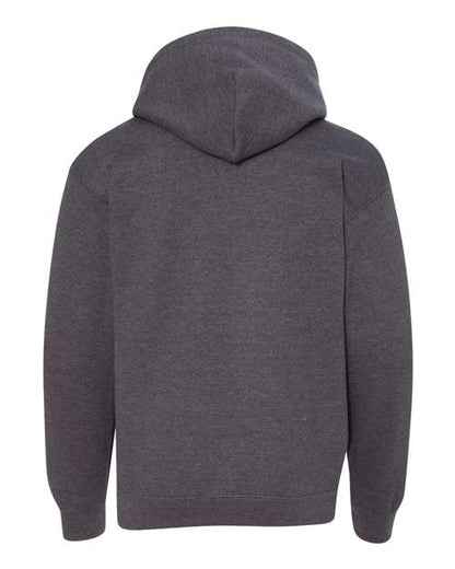 Gildan 18500B Heavy Blend youth pullover hoodie in Dark Heather, back view showing the hood, long sleeves and ribbed hem.
