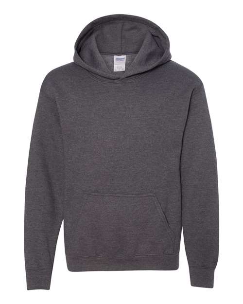Gildan 18500B Heavy Blend youth pullover hoodie in Dark Heather, front view showing the hood and front pocket.