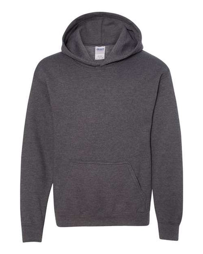 Gildan 18500B Heavy Blend youth pullover hoodie in Dark Heather, front view showing the hood and front pocket.