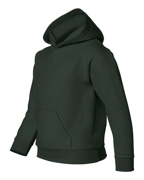 Gildan 18500B Heavy Blend youth pullover hoodie in Forest, angled front view showing the hood and front pocket.