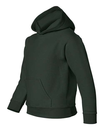 Gildan 18500B Heavy Blend youth pullover hoodie in Forest, angled front view showing the hood and front pocket.