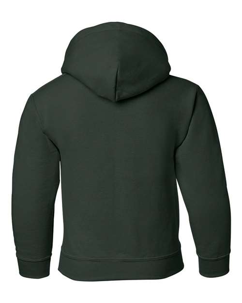 Gildan 18500B Heavy Blend youth pullover hoodie in Forest, back view showing the hood, long sleeves and ribbed hem.