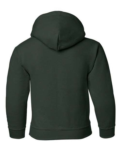 Gildan 18500B Heavy Blend youth pullover hoodie in Forest, back view showing the hood, long sleeves and ribbed hem.