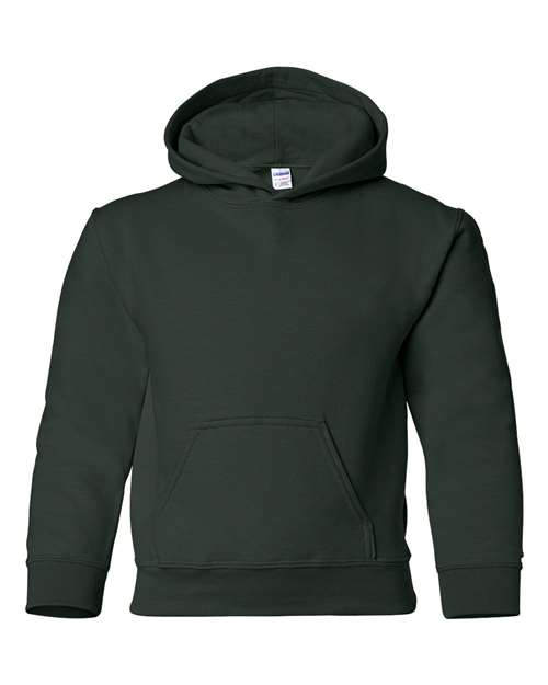Gildan 18500B Heavy Blend youth pullover hoodie in Forest, front view showing the hood and front pocket.