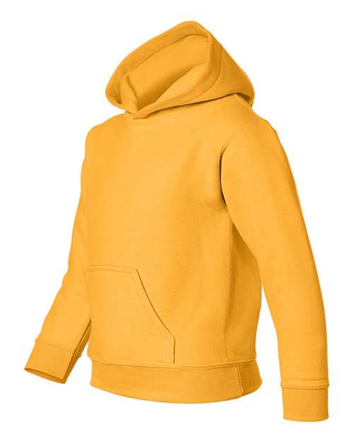 Gildan 18500B Heavy Blend youth pullover hoodie in Gold, angled front view showing the hood and front pocket.