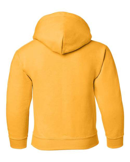 Gildan 18500B Heavy Blend youth pullover hoodie in Gold, back view showing the hood, long sleeves and ribbed hem.