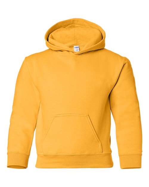 Gildan 18500B Heavy Blend youth pullover hoodie in Gold, front view showing the hood and front pocket.