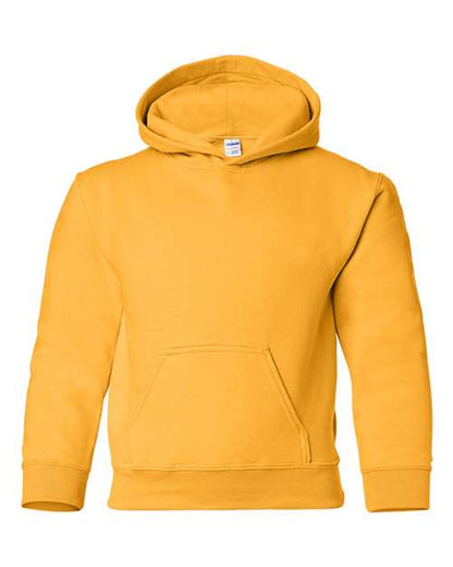 Gildan 18500B Heavy Blend youth pullover hoodie in Gold, front view showing the hood and front pocket.