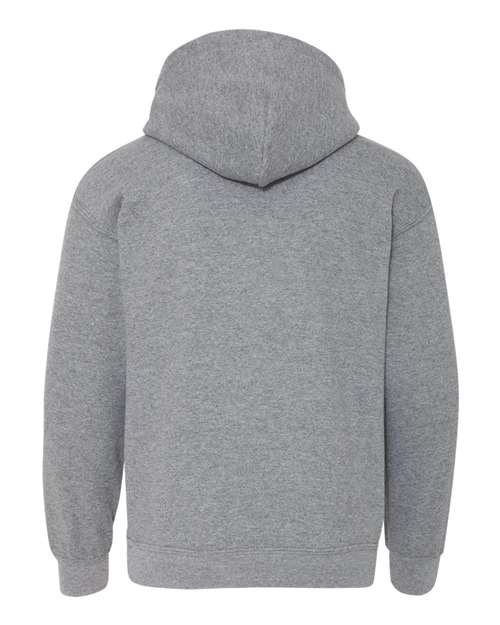 Gildan 18500B Heavy Blend youth pullover hoodie in Graphite Heather, back view showing the hood, long sleeves and ribbed hem.