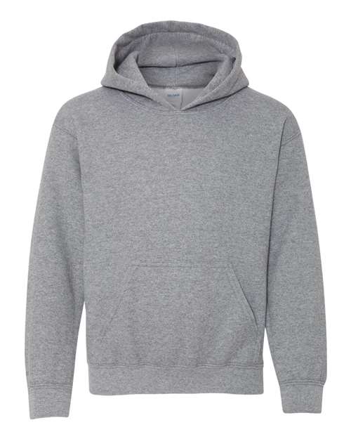 Gildan 18500B Heavy Blend youth pullover hoodie in Graphite Heather, front view showing the hood and front pocket.