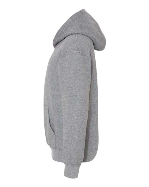 Gildan 18500B Heavy Blend youth pullover hoodie in Graphite Heather, side view showing the hood, sleeve and ribbed cuff.
