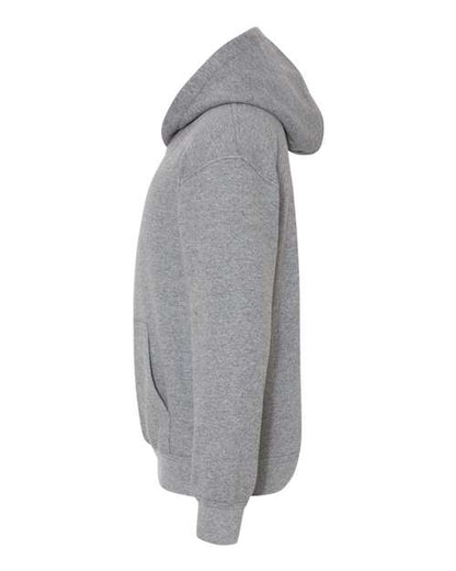 Gildan 18500B Heavy Blend youth pullover hoodie in Graphite Heather, side view showing the hood, sleeve and ribbed cuff.