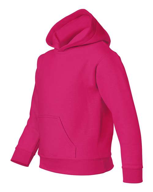 Gildan 18500B Heavy Blend youth pullover hoodie in Heliconia, angled front view showing the hood and front pocket.