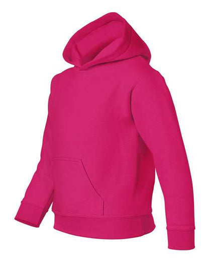 Gildan 18500B Heavy Blend youth pullover hoodie in Heliconia, angled front view showing the hood and front pocket.