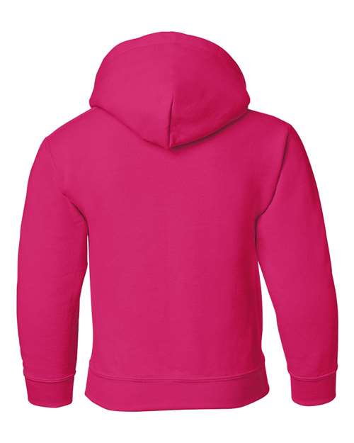 Gildan 18500B Heavy Blend youth pullover hoodie in Heliconia, back view showing the hood, long sleeves and ribbed hem.