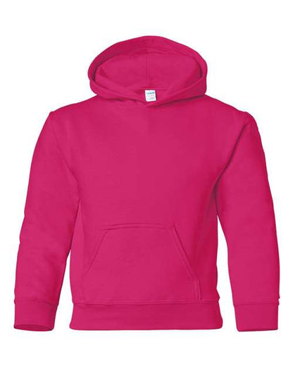 Gildan 18500B Heavy Blend youth pullover hoodie in Heliconia, front view showing the hood and front pocket.