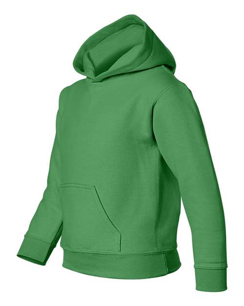 Gildan 18500B Heavy Blend youth pullover hoodie in Irish Green, angled front view showing the hood and front pocket.