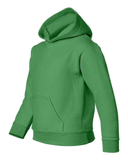 Gildan 18500B Heavy Blend youth pullover hoodie in Irish Green, angled front view showing the hood and front pocket.