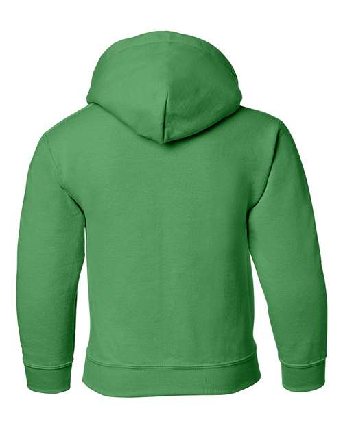 Gildan 18500B Heavy Blend youth pullover hoodie in Irish Green, back view showing the hood, long sleeves and ribbed hem.