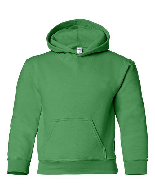 Gildan 18500B Heavy Blend youth pullover hoodie in Irish Green, front view showing the hood and front pocket.