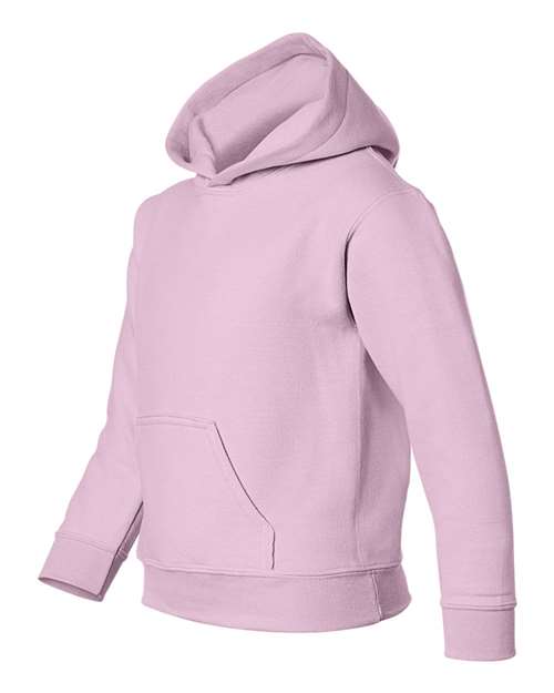 Gildan 18500B Heavy Blend youth pullover hoodie in Light Pink, angled front view showing the hood and front pocket.