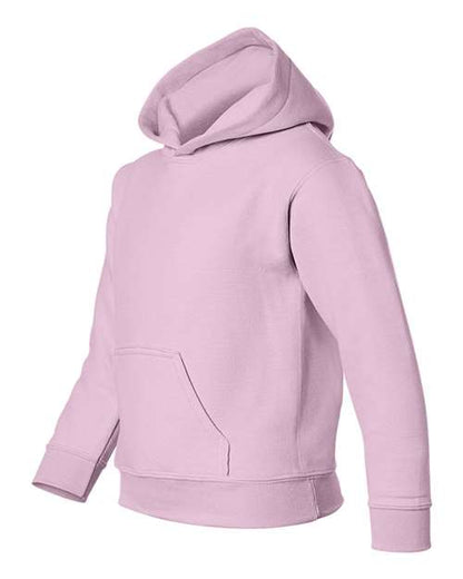 Gildan 18500B Heavy Blend youth pullover hoodie in Light Pink, angled front view showing the hood and front pocket.