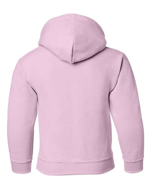 Gildan 18500B Heavy Blend youth pullover hoodie in Light Pink, back view showing the hood, long sleeves and ribbed hem.