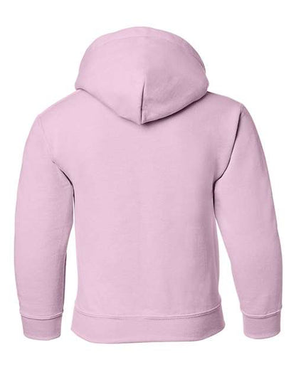 Gildan 18500B Heavy Blend youth pullover hoodie in Light Pink, back view showing the hood, long sleeves and ribbed hem.