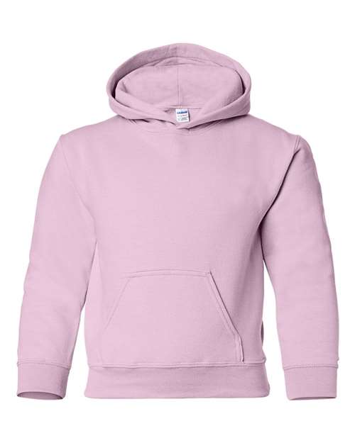 Gildan 18500B Heavy Blend youth pullover hoodie in Light Pink, front view showing the hood and front pocket.