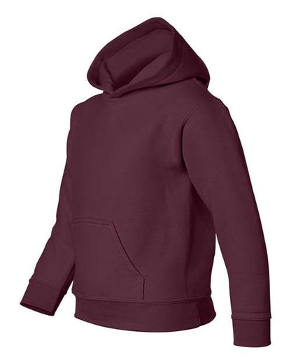 Gildan 18500B Heavy Blend youth pullover hoodie in Maroon, angled front view showing the hood and front pocket.