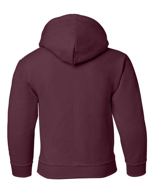 Gildan 18500B Heavy Blend youth pullover hoodie in Maroon, back view showing the hood, long sleeves and ribbed hem.