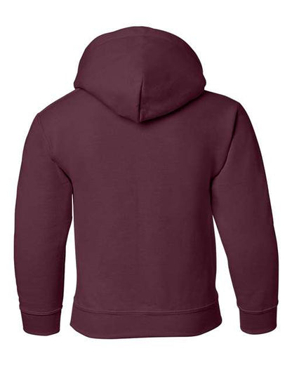 Gildan 18500B Heavy Blend youth pullover hoodie in Maroon, back view showing the hood, long sleeves and ribbed hem.