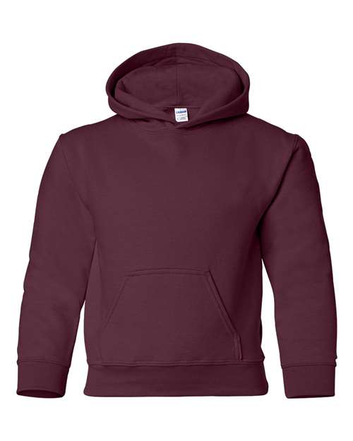 Gildan 18500B Heavy Blend youth pullover hoodie in Maroon, front view showing the hood and front pocket.