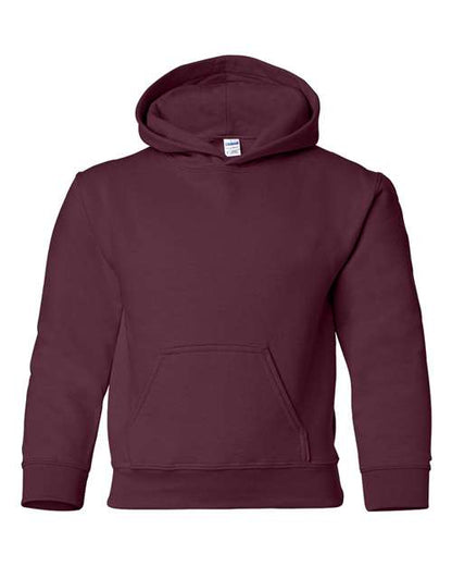 Gildan 18500B Heavy Blend youth pullover hoodie in Maroon, front view showing the hood and front pocket.